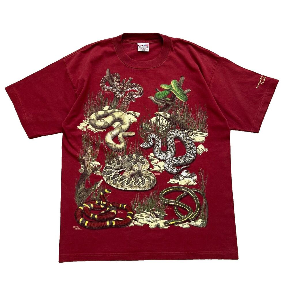 Vintage Snake Reptile Graphic Mens XL Red Bay Side T-Shirt 2002 Everglades FL